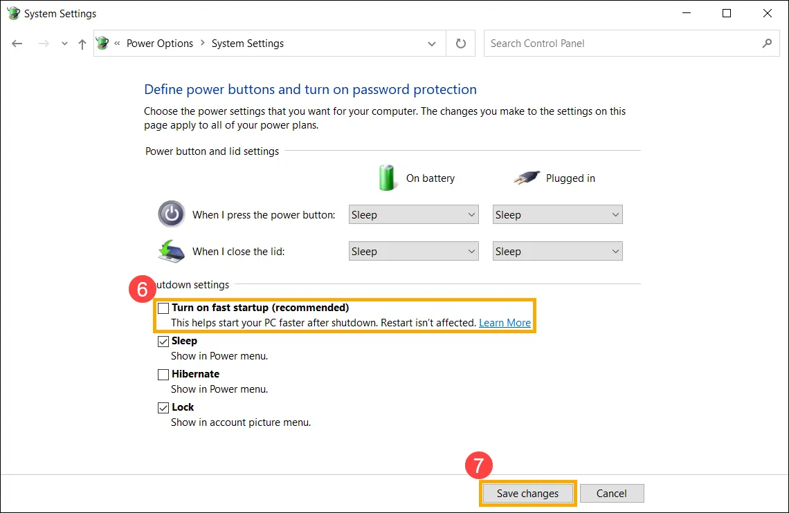 Hộp thoại System Settings minh họa việc bỏ chọn tính năng Turn on fast startup (recommended) để sửa lỗi máy tính không tắt được.