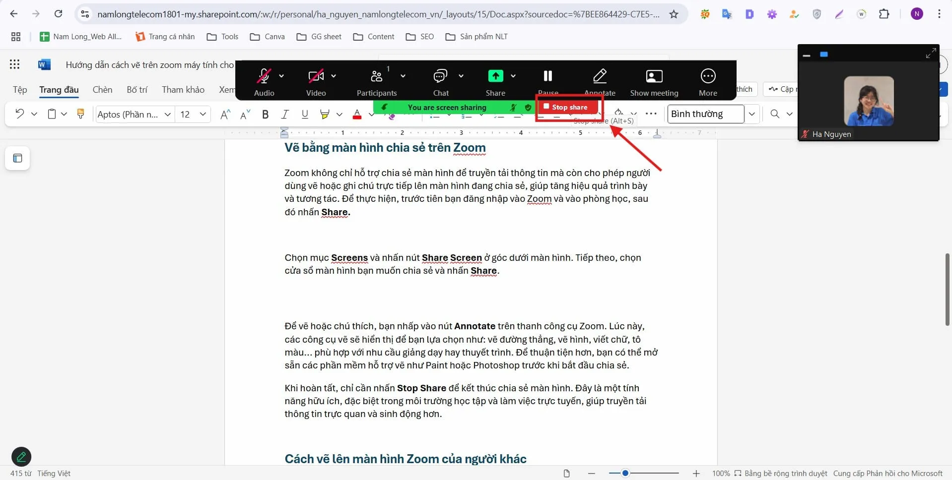 Nhấn Stop Share để kết thúc chia sẻ màn hình Zoom