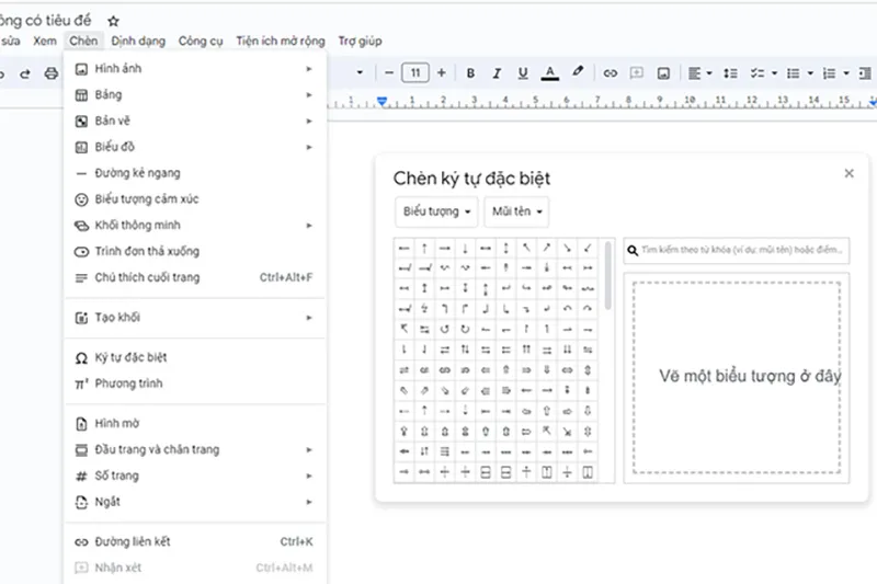 Giao diện công cụ Symbol (ký tự đặc biệt) trong Google Docs