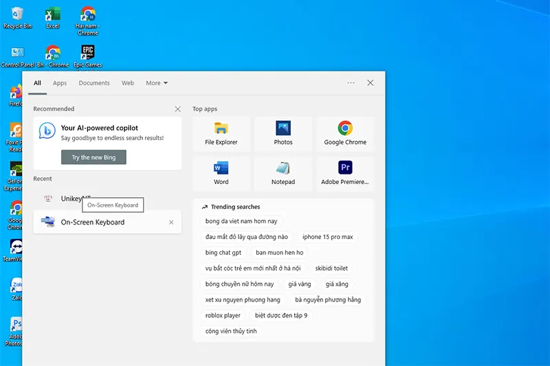 Mở bàn phím ảo (OSK) thông qua thanh tìm kiếm Windows, hướng dẫn khắc phục lỗi khi không gõ được ký tự