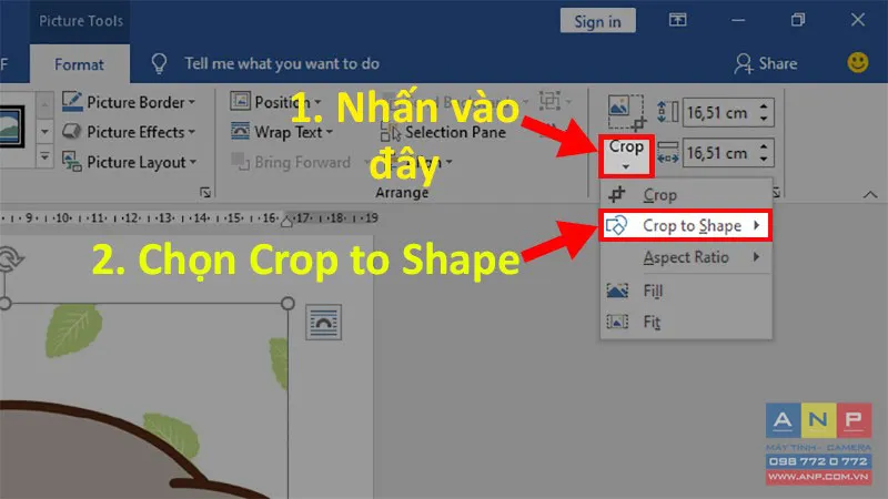 Menu Crop với tùy chọn Crop to Shape để cắt ảnh theo hình dạng tùy chỉnh.