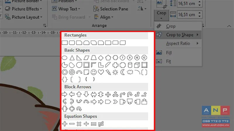 Các kiểu hình dạng (shape) khác nhau có sẵn để áp dụng cắt ảnh trong Word.
