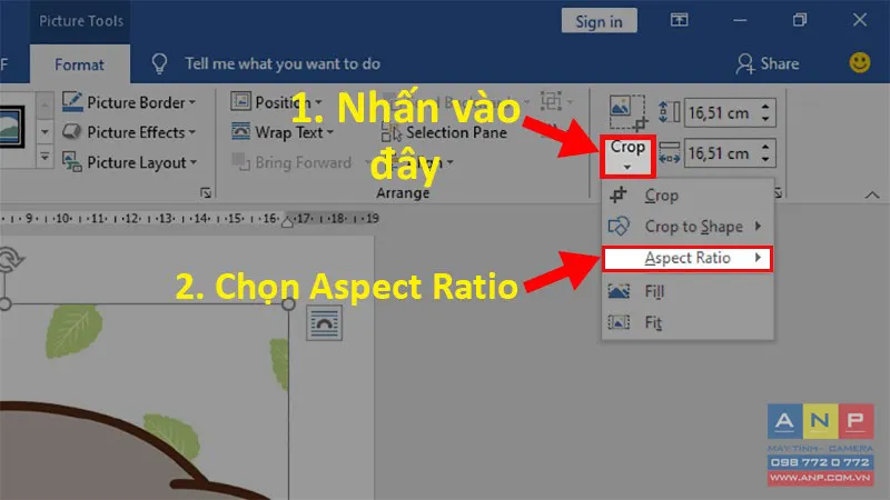 Thao tác chọn Aspect Ratio trong menu Crop để thiết lập tỉ lệ cắt ảnh.