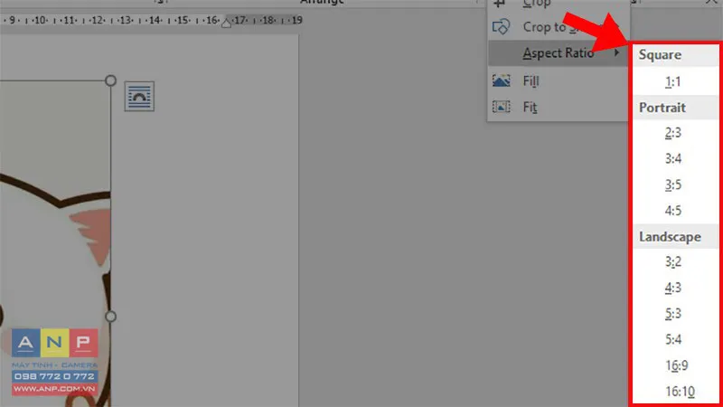 Bảng tùy chọn các tỉ lệ cắt ảnh (Square, Portrait, Landscape) theo chuẩn trong Word.