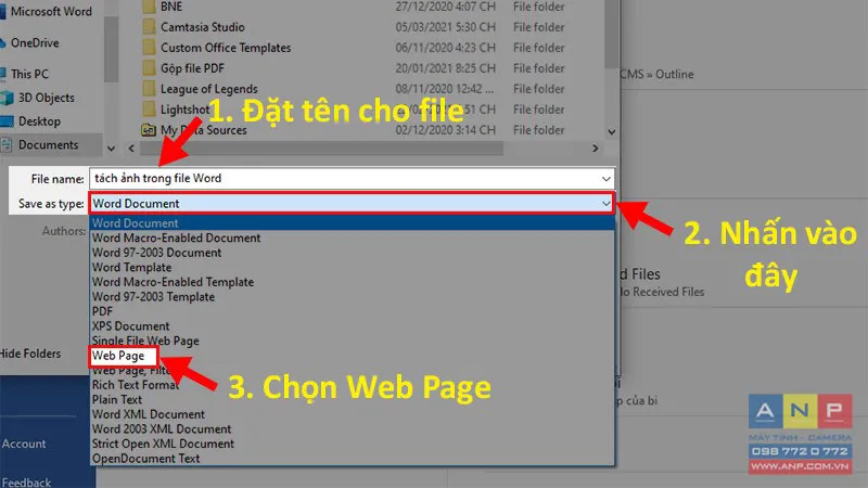 Hộp thoại Save As, chọn Web Page (.htm;.html) làm kiểu lưu để tách ảnh.