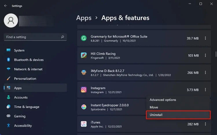 Ứng dụng đã cài đặt trong Settings