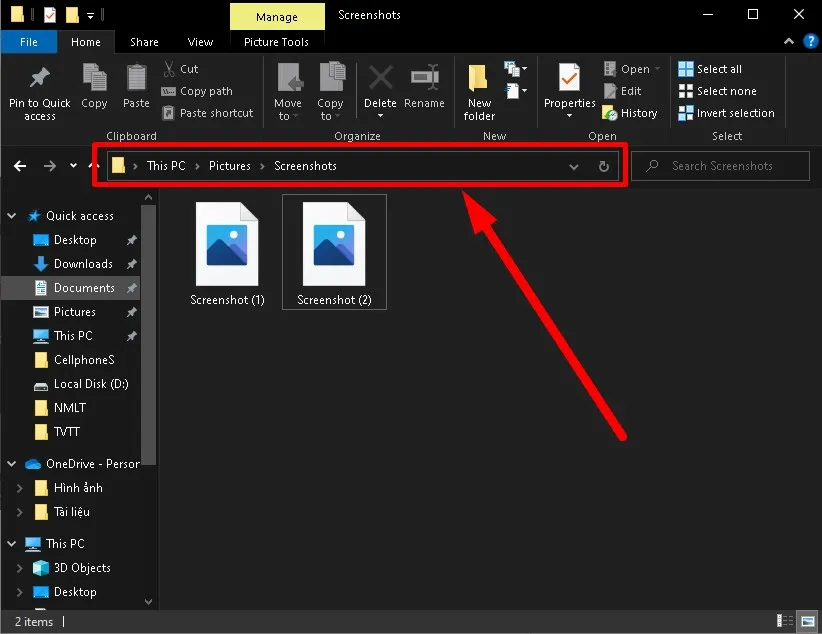 Thư mục Screenshots mặc định trong Pictures để tìm kiếm ảnh chụp nhanh bằng Windows + PrtScn trên máy Dell