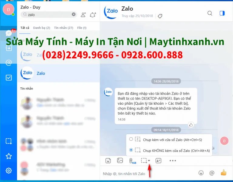 Chức năng chụp ảnh màn hình nhanh và gửi thẳng vào các nhóm chat trên ứng dụng Zalo PC