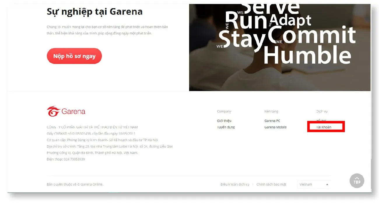 Chọn mục Tài khoản trên trang web Garena để bắt đầu quy trình đổi mật khẩu bảo mật.