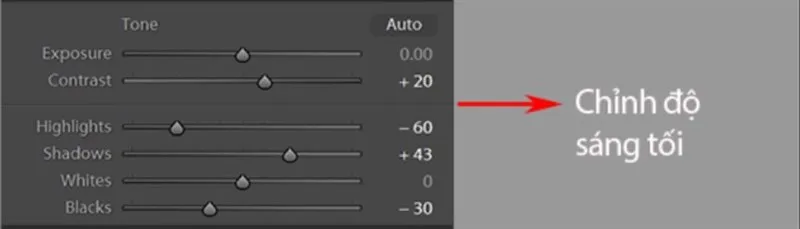 Thông số Exposure, Contrast, Highlights, Shadows trong bảng Basic khi chỉnh sửa ảnh bằng cách dụng lightroom trên máy tính.