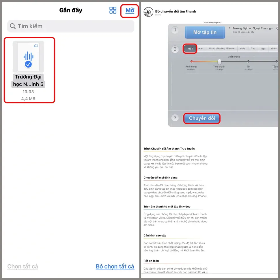 Tùy chọn Chuyển đổi file ghi âm sang MP3 hoặc định dạng khác
