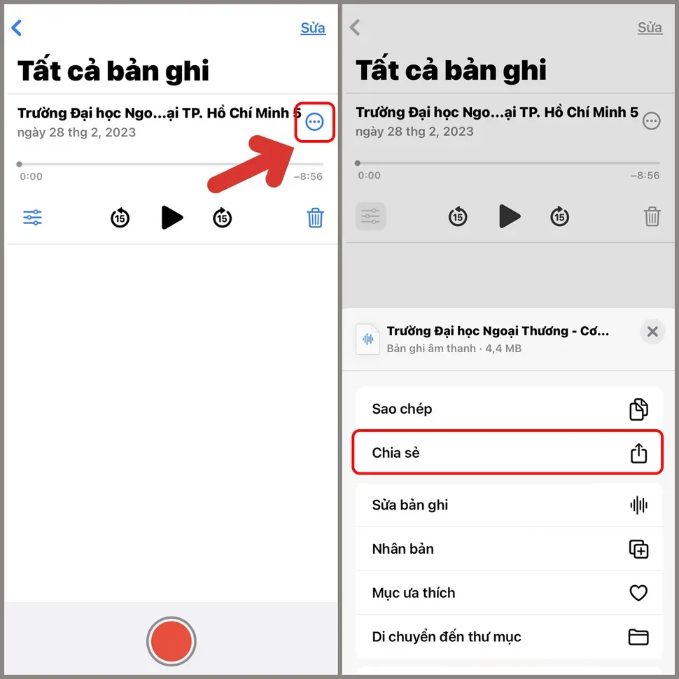 Giao diện chia sẻ file ghi âm Voice Memos trên iPhone