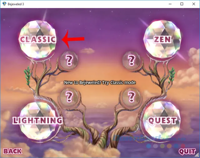 Màn hình lựa chọn chế độ chơi game (Classic, Lightning, Zen, Quest) sau khi cài đặt trò chơi trên máy tính