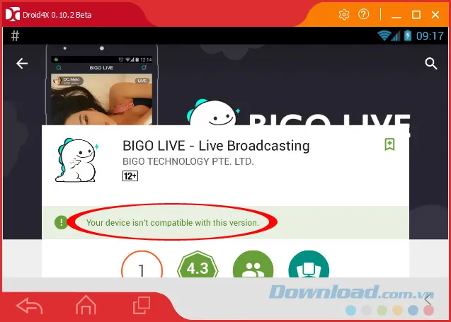 Thông báo lỗi không thể cài đặt Bigo Live trực tiếp từ Google Play trên một số giả lập cũ