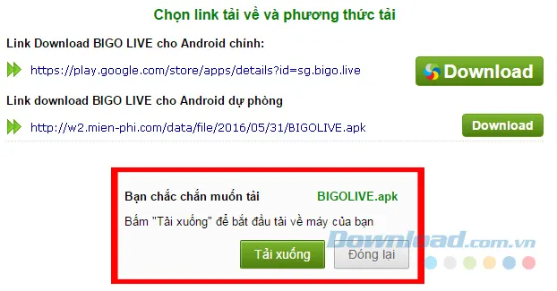 Xác nhận tải file APK của Bigo Live qua đường dẫn dự phòng