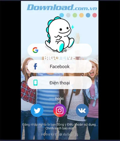 Giao diện đăng nhập Bigo Live trên máy tính sử dụng các tùy chọn tài khoản khác nhau