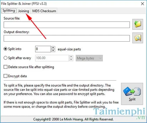 alt mới 3: Giao diện phần mềm Fastest File Splitter and Joiner ở tab Joining để tiến hành nối các file GTA 5 đã chia nhỏ