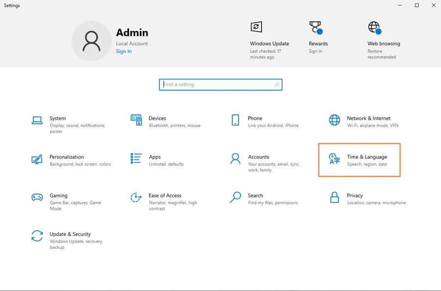 Cửa sổ Windows Settings với mục Time & Language được chọn để thêm ngôn ngữ mới cho máy tính.