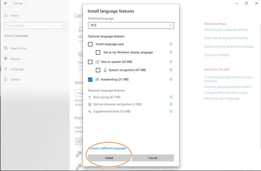 Cửa sổ tùy chọn cài đặt ngôn ngữ cho phép chọn thêm Handwriting và các gói tính năng khác trước khi nhấn Install.
