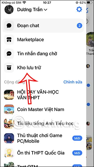Giao diện Kho lưu trữ (Archived Chats) của Messenger để khôi phục tin nhắn