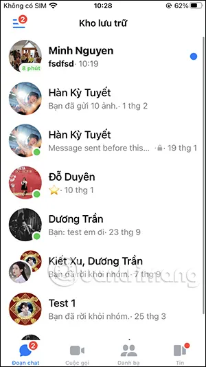 Hiển thị danh sách các đoạn chat đã được lưu trữ trên Messenger