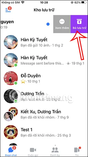 Hướng dẫn thao tác vuốt để bỏ lưu trữ tin nhắn trên ứng dụng Messenger