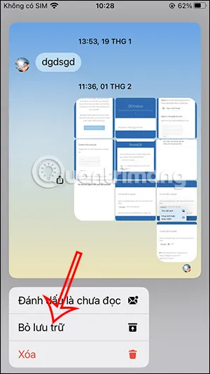 Cách bỏ lưu trữ một đoạn chat bằng tùy chọn menu trong Kho lưu trữ