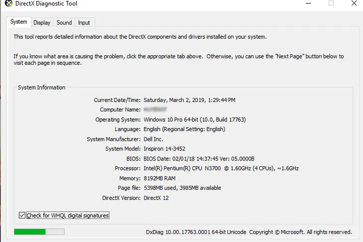 Cửa sổ DirectX Diagnostic Tool hiển thị thông số CPU, RAM, và chi tiết card màn hình ở tab Display