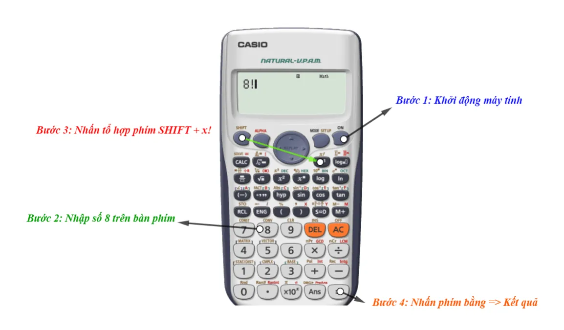 Hướng dẫn chi tiết các bước cách bấm giai thừa trên máy tính Casio fx 570vn plus bằng tổ hợp phím SHIFT và X!