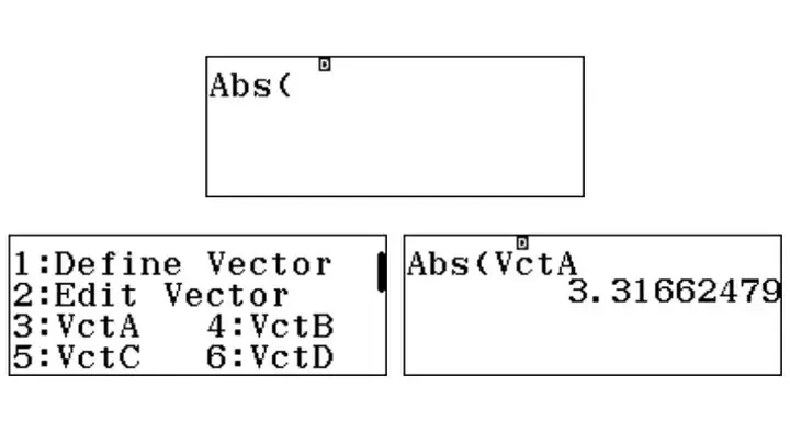 Minh họa chức năng VECTOR trên máy tính cầm tay, chuẩn bị thực hiện các phép toán tích vô hướng và tích có hướng trong không gian vecto
