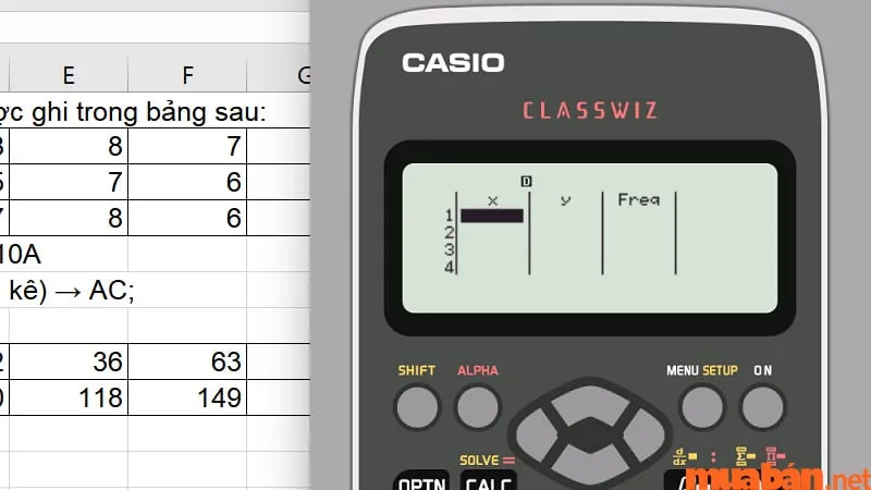 Sau khi bấm phím 2, màn hình sẽ hiển thị như trên gồm một bảng chứa 2 biến X và Y