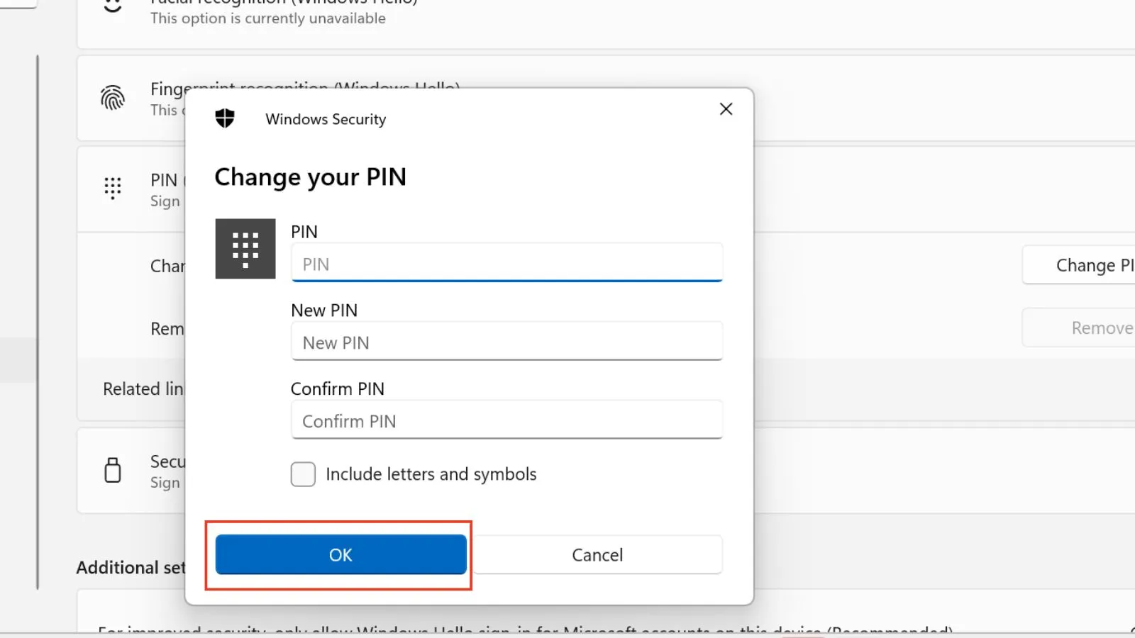 Hộp thoại yêu cầu nhập mật khẩu mới và xác nhận mật khẩu khi đổi PIN.