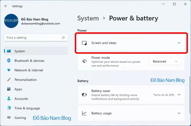 Lựa chọn Screen and sleep để điều chỉnh thời gian tự động tắt màn hình máy tính tạm thời