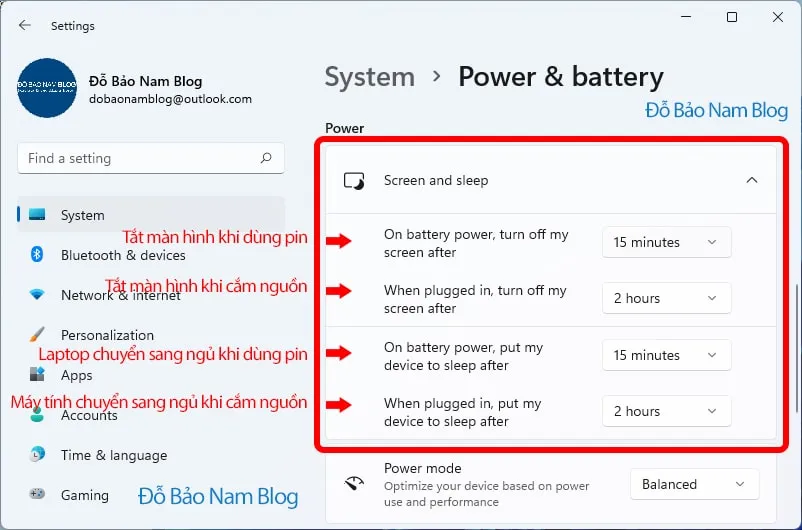 Thiết lập thời gian tự động Put my device to sleep after và Turn off my screen after trong cài đặt Windows 11