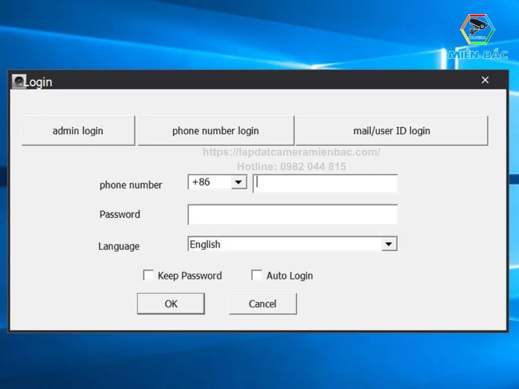 Giao diện đăng nhập phần mềm CMS Client chuẩn bị cho việc sử dụng camera máy tính