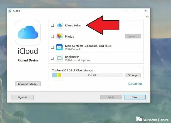 Thiết lập tùy chọn đồng bộ dữ liệu bao gồm Photos, Drive, Mail khi sử dụng iCloud cho Windows để sao lưu ảnh iPhone