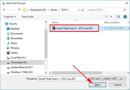 alt mới 5: Cửa sổ tìm kiếm file, lựa chọn chính xác file Grand Theft Auto V .iso.001 để bắt đầu quá trình nối file