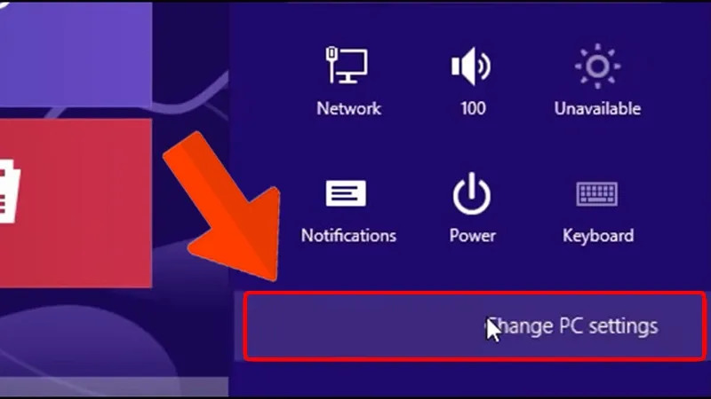 Chọn Change PC Setting trong Windows 8 để quản lý tùy chọn bảo mật và tài khoản người dùng