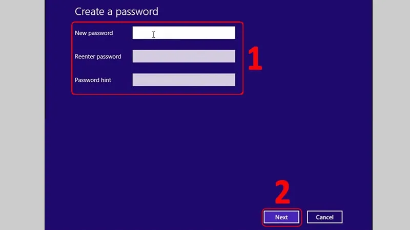 Giao diện nhập New password, Reenter password và Password hint khi cài mật khẩu máy tính Dell Win 8