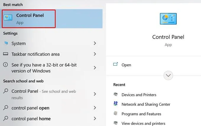 Vào Control Panel để bắt đầu thiết lập chia sẻ máy in