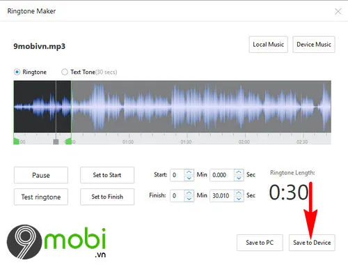 Cài đặt điểm đầu và điểm cuối để cắt đoạn nhạc chuông tối đa 30 giây trước khi lưu vào iPhone.