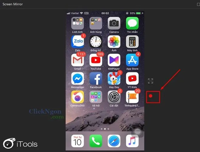 Sử dụng nút ghi hình màu đỏ trong iTools để quay lại các thao tác khi chiếu màn hình iPad lên máy tính