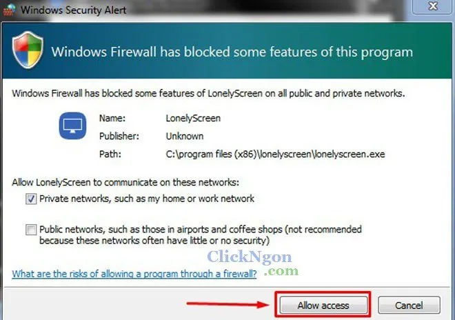 Cấp quyền truy cập cho ứng dụng LonelyScreen qua Tường lửa để cách chiếu màn hình ipad lên máy tính