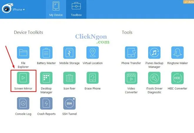 Truy cập tab Toolbox và chọn tính năng Screen Mirror trong iTools để bắt đầu cách chiếu màn hình ipad lên máy tính