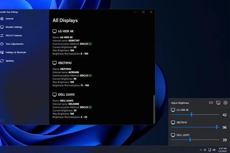 Giao diện chính và các tính năng của phần mềm Twinkle Tray
