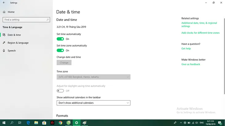 Cửa sổ cài đặt Ngày và Giờ (Date & Time) trong Windows 10, bước đầu tiên để chỉnh đồng hồ máy tính
