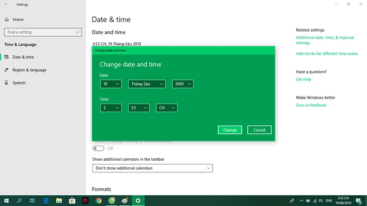 Thay đổi ngày và giờ thủ công bằng hộp thoại Change Date &amp; Time khi tắt tính năng tự động của Windows