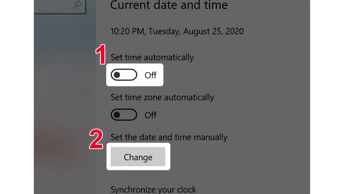 Bấm nút Change để điều chỉnh ngày và giờ thủ công trên Win 10