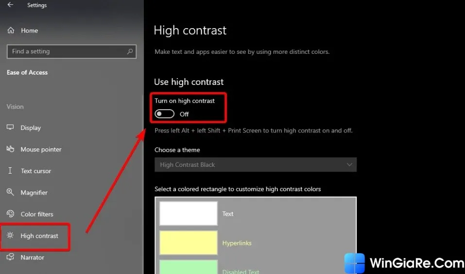 Cài đặt High Contrast trong Ease of Access để điều chỉnh độ tương phản và màu sắc hiển thị trên màn hình