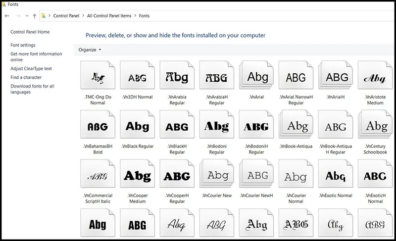 Giao diện thư mục Fonts trong Control Panel nơi người dùng có thể thêm hoặc xóa các phông chữ máy tính.